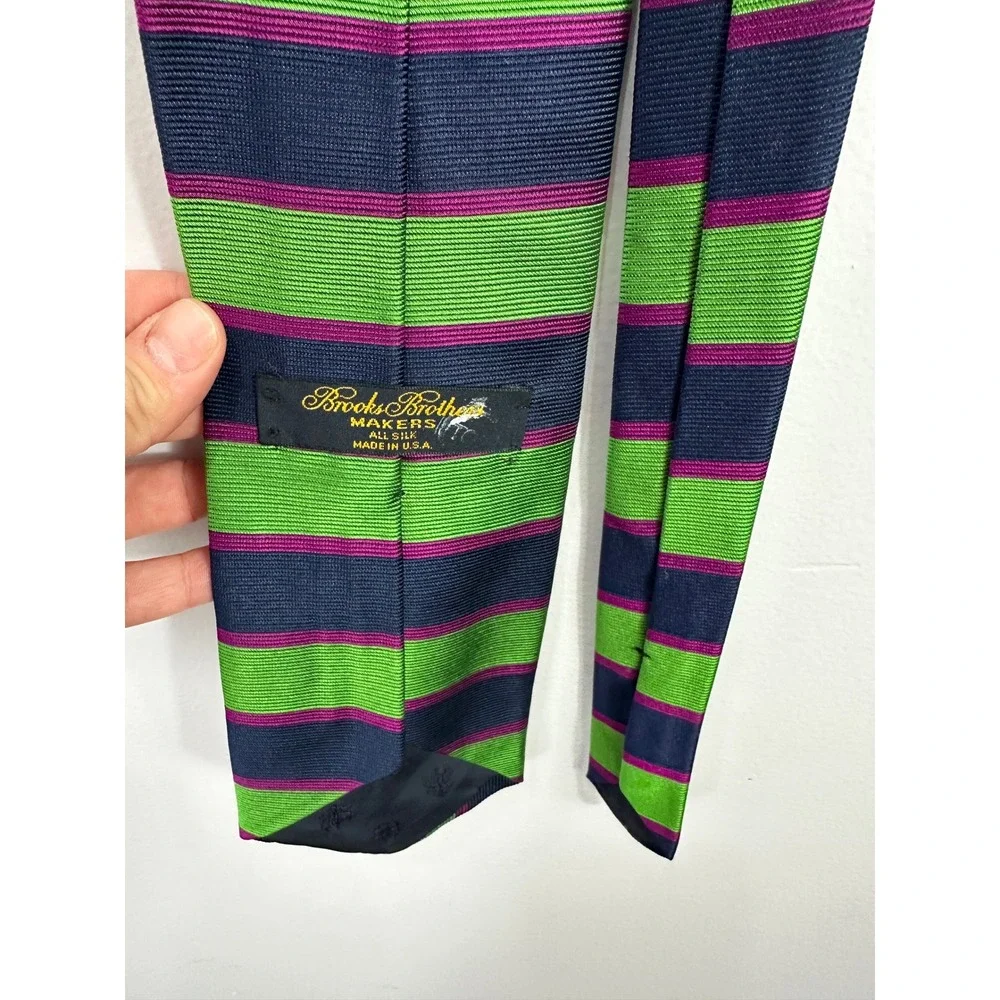 Brooks Brothers Silk Tie Green Navy Stripe Made in USA Preppy Classic Career‎